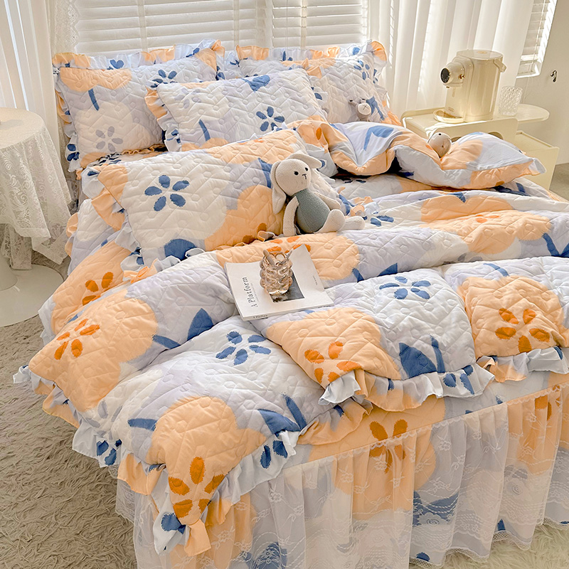 2023新款小清新蕾丝边床裙式床笠四件套A类夹棉加厚床上用品4件套