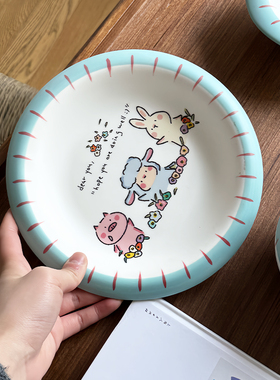 可爱蓝色小羊陶瓷餐具高颜值家用饭碗酸奶碗餐盘创意分格盘儿童