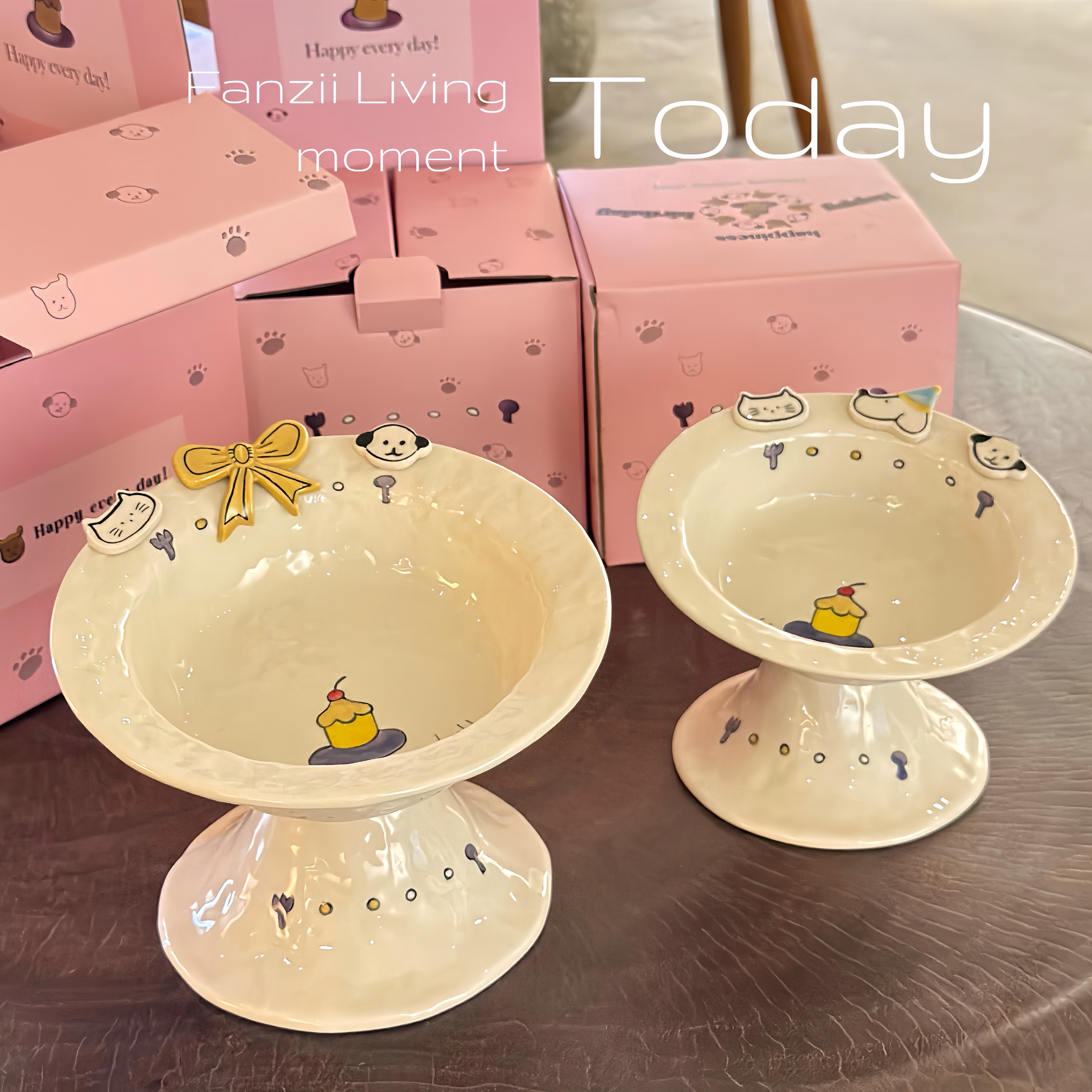 ClayCO纽扣小狗创意可爱陶瓷高脚宠物碗护颈猫粮狗粮碗水果甜品碗