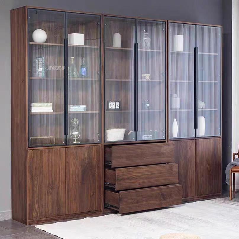 北美FAS书柜北欧黑胡桃木现代简约全实木玻璃门书柜组合满墙书柜