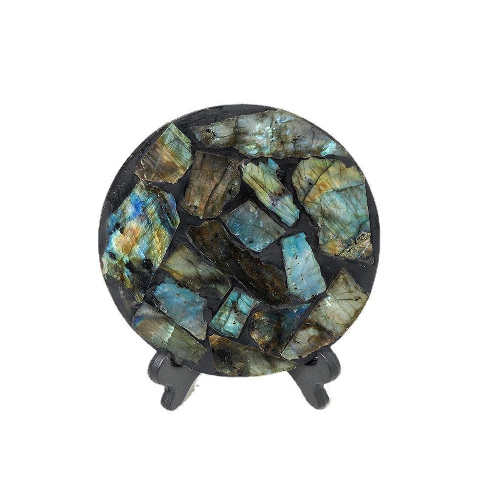 天然拉长石原石摆件蓝光黄光紫光月光石观赏收藏奇石圆盘家居装饰