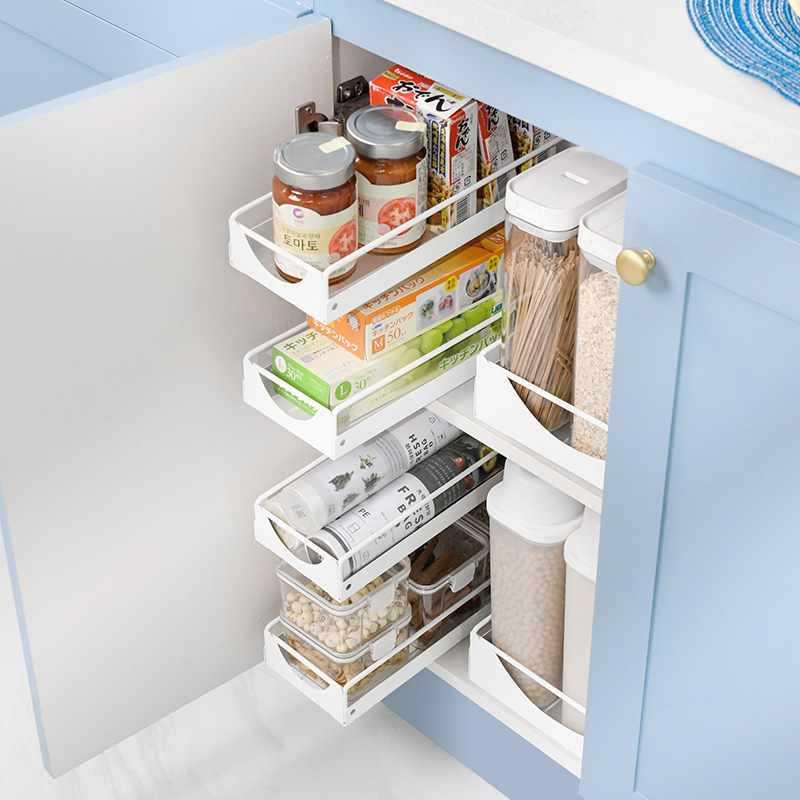 厨房拉篮抽屉式置物架免打孔窄柜侧装调味篮滑轨橱柜水槽下收纳盒