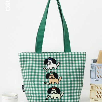 典舍X吴故事 文艺可爱小狗格子学生大容量帆布袋手提手提袋K70