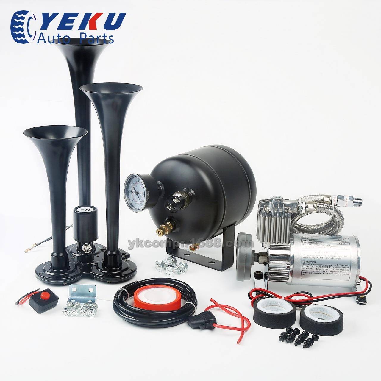 汽车改装气泵带三管黑色喇叭不锈钢空压机/12V车载充气泵热销