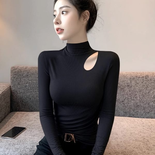 半高领打底衫女2023秋冬新款高级感镂空长袖内搭t恤黑色针织上衣