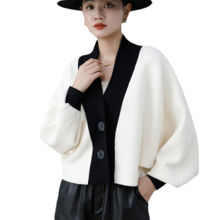 短款毛衣开衫外套女秋冬季双面呢蝙蝠袖小个子高腰配裙子外搭上衣