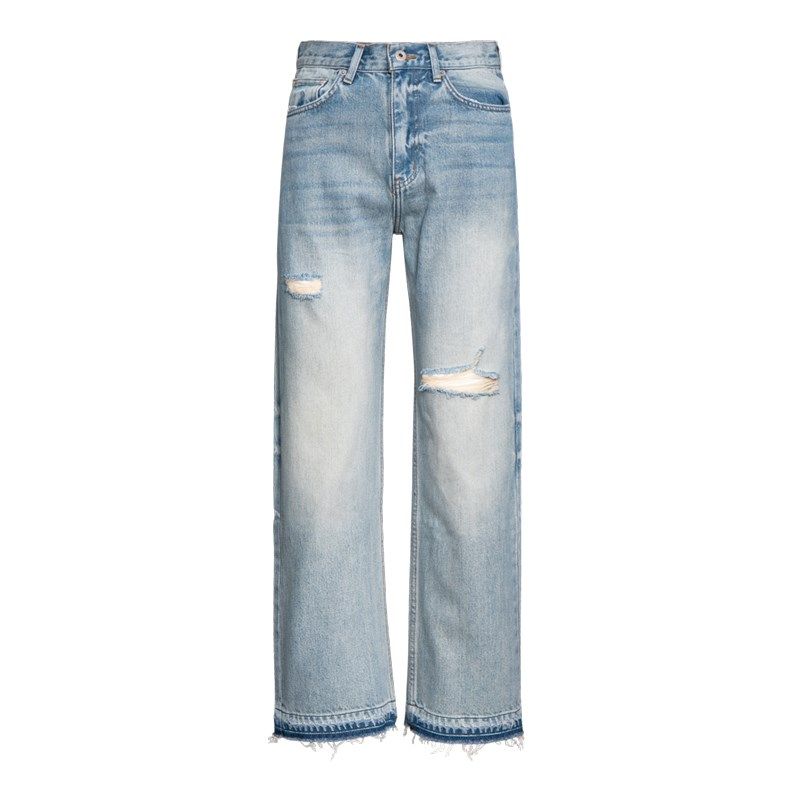 LEONSENSE力上司 超柔垂坠破洞牛仔裤宽松直筒浅蓝色做旧毛边百搭