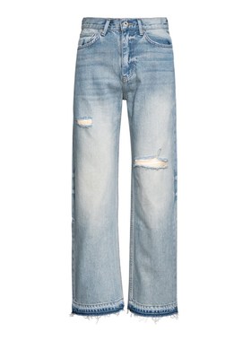 LEONSENSE力上司 超柔垂坠破洞牛仔裤宽松直筒浅蓝色做旧毛边百搭