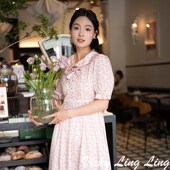 LIBERTY淡紫圆玫瑰甜美法式 大裙摆连衣裙