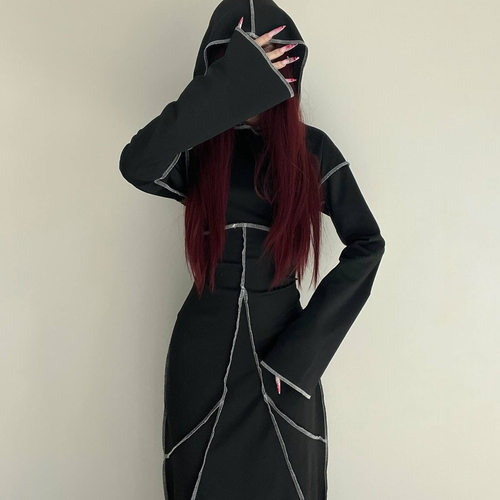 欧美外贸时尚黑白明线分割不规则长裙辣妹显瘦个性连帽喇叭连衣裙