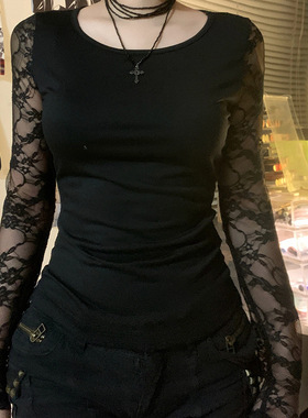 暗黑系网纱拼接长袖T恤辣妹薄款修身性感透视圆领内搭打底上衣女