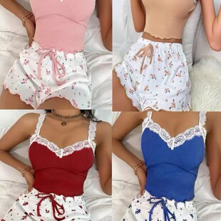欧美跨境独立站蕾丝吊带短裤 罗纹坑条舒适弹力休闲女士家居服 套装