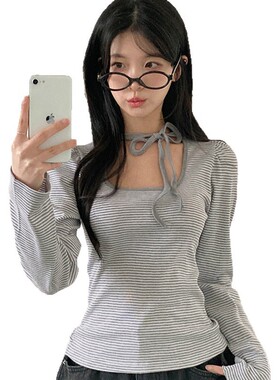 韩系少女风围脖系带设计感蝴蝶结长袖T恤气质百搭条纹印花上衣