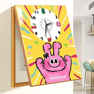 网红粉红兔欢迎回家电表箱装饰画钟表遮挡强配电箱盖板画挂钟遮丑