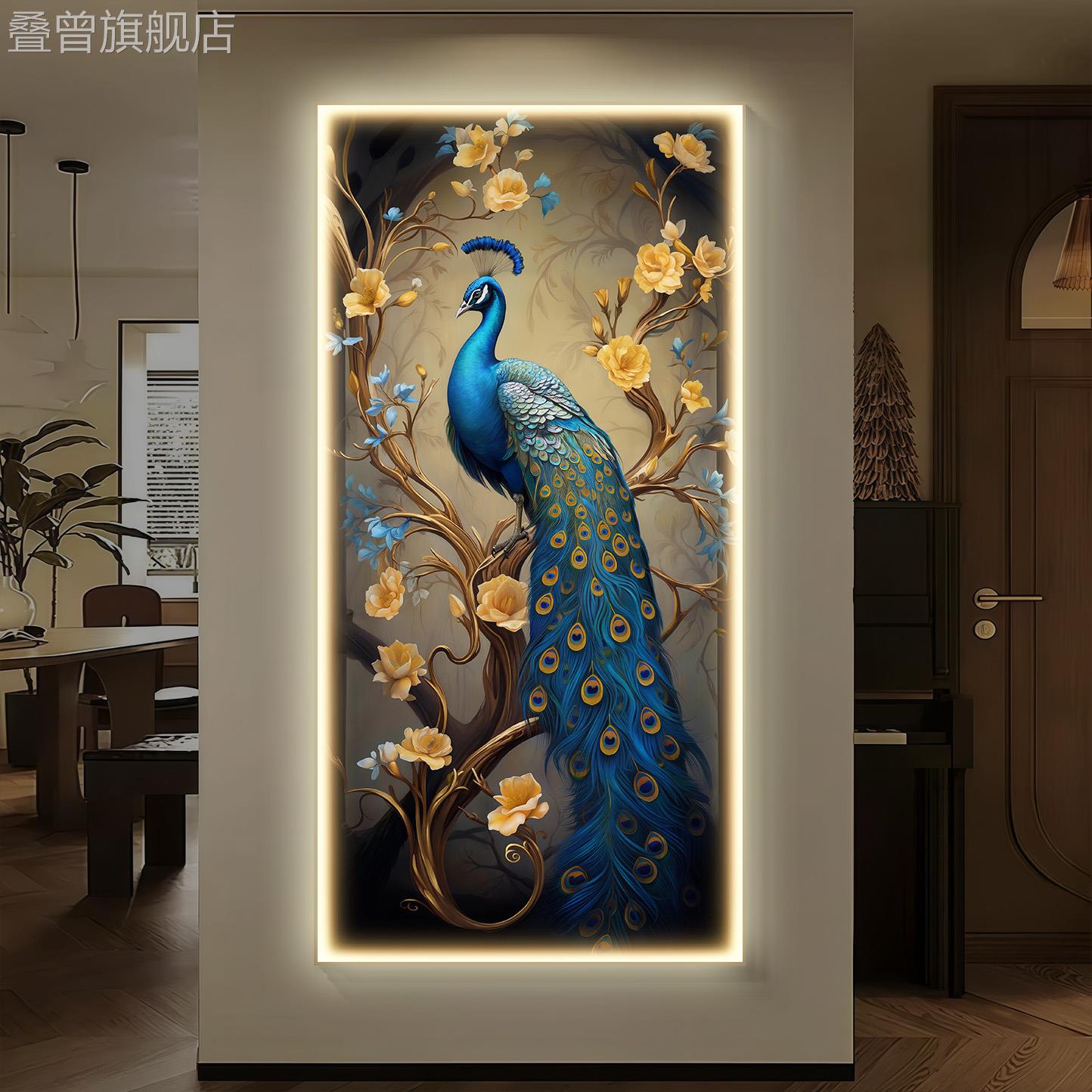 孔雀玄关装饰画正对门新中式挂画走廊过道壁画现代客厅晶瓷画墙画图片