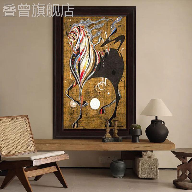 中古风骏马玄关挂画抽象马到成功客厅装饰画侘寂复古动物手绘油画图片