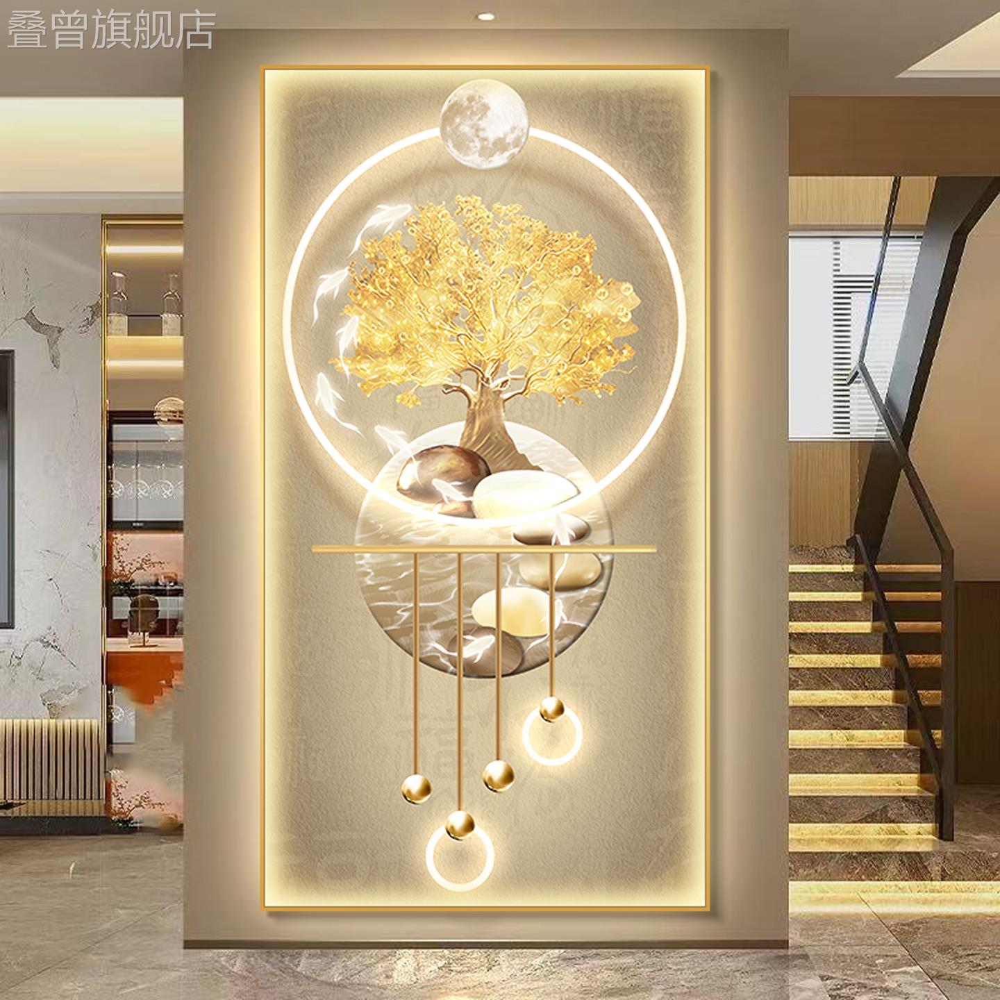 现代简约发财树玄关装饰画走廊过道挂画高级感正对门带LED灯壁画图片