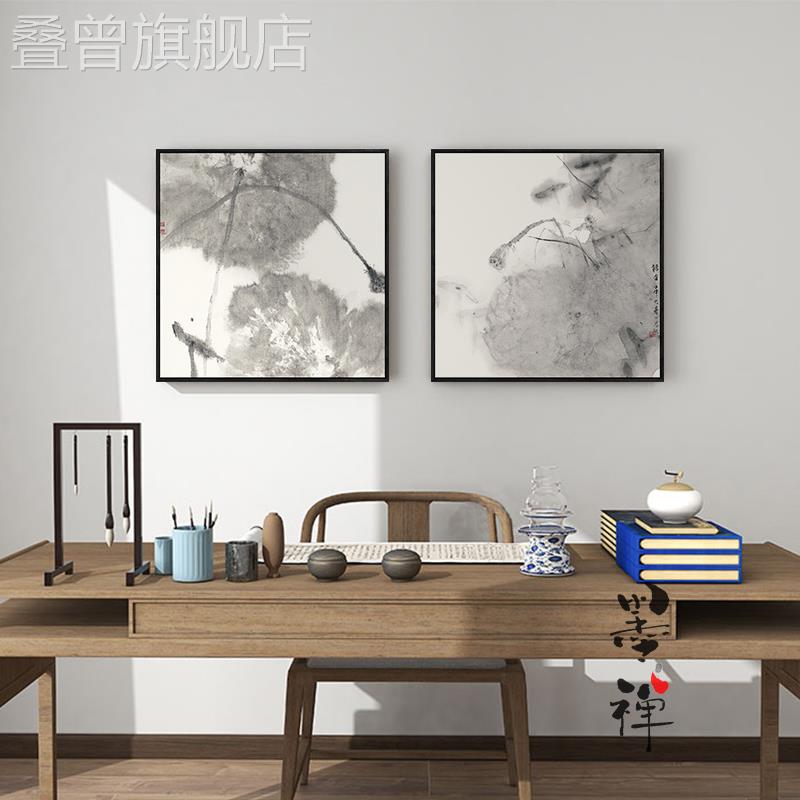 新中式书房茶室装饰画写意荷花挂画客厅玄关水墨国画餐厅方形壁画图片