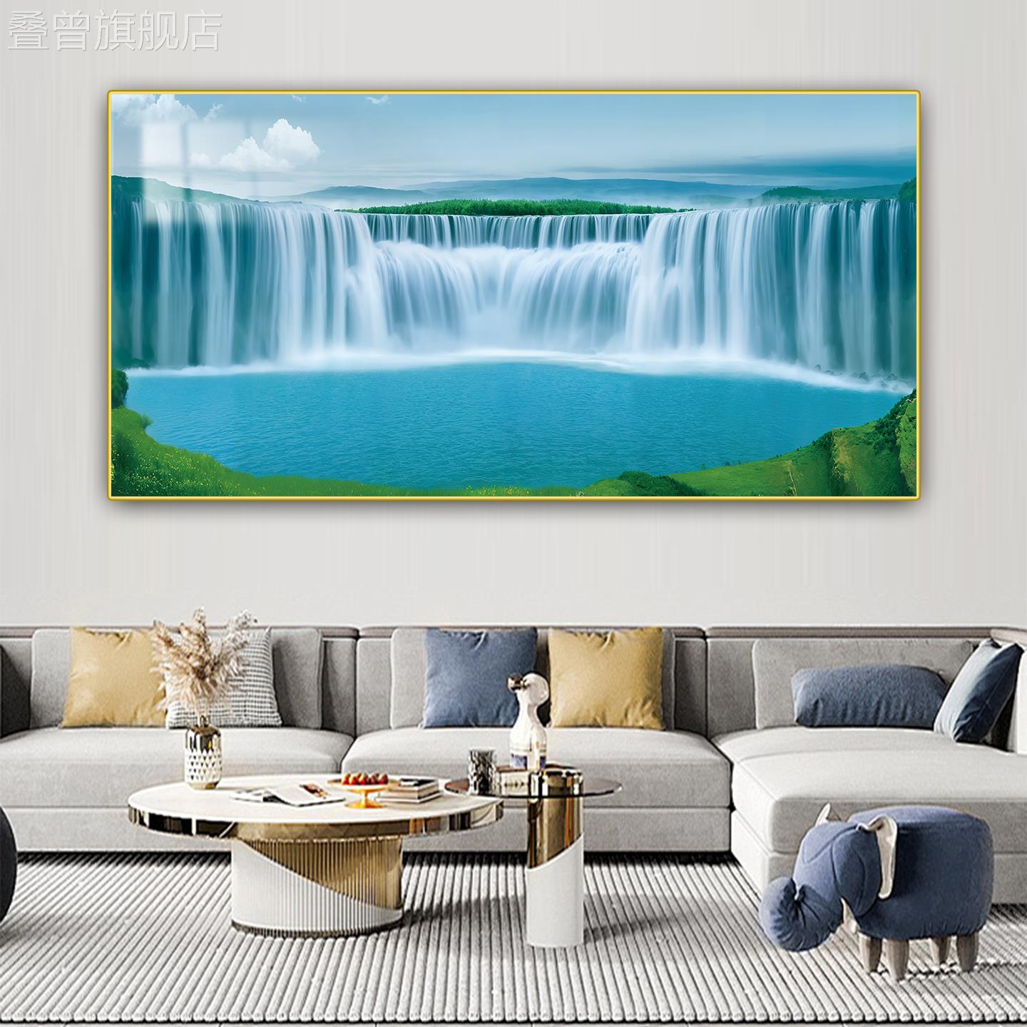 聚宝盆招财瀑布流水画晶瓷框画流水生财玄关客厅山水装饰画可定制图片