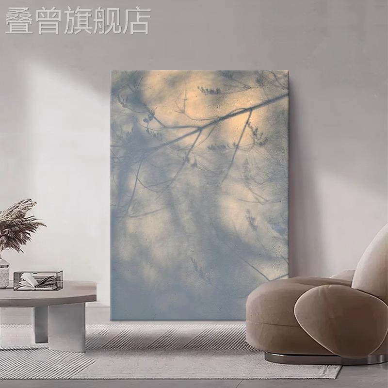 侘寂风客厅装饰画树枝倒影写意酒店民宿别墅壁画光影沙发背景挂画图片