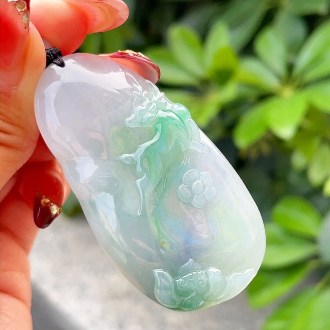 缅甸翡翠梅花鹿玉吊坠天然玉石A货冰种春带彩高档证书收藏0530