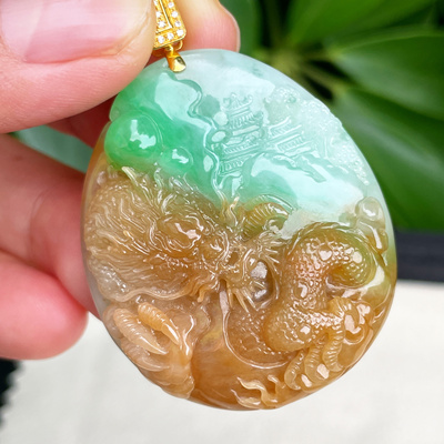 缅甸翡翠龙牌镶金玉吊坠天然玉石