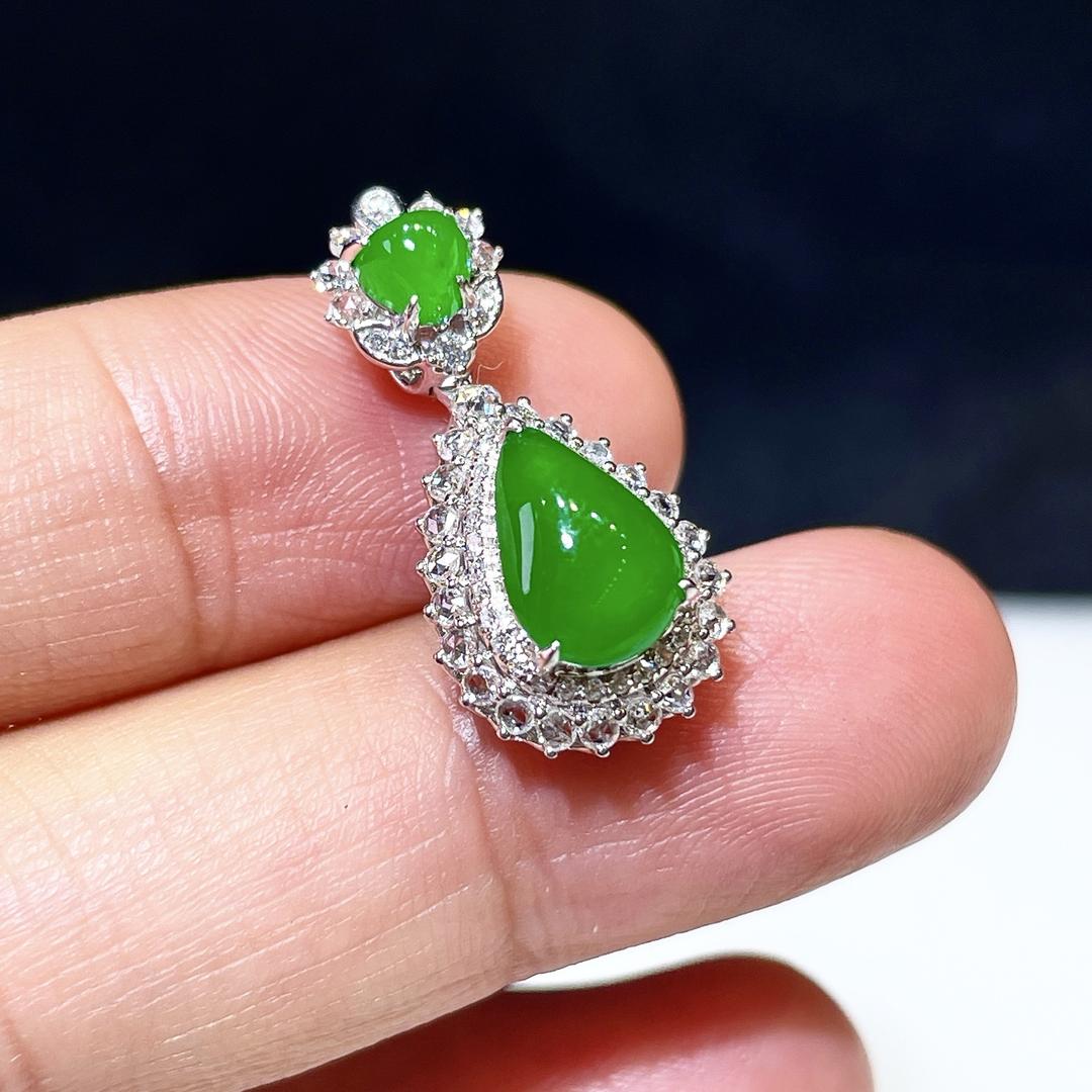 缅甸翡翠水滴镶金玉吊坠天然玉石A货18K金镶嵌冰种辣绿新款1021