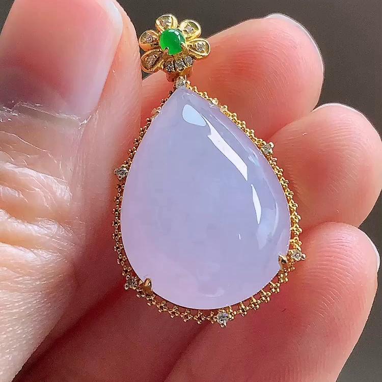 缅甸翡翠水滴镶金玉吊坠天然玉石A货18K金镶嵌冰种紫罗兰礼物1107