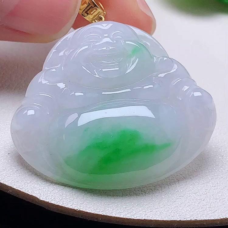 缅甸翡翠佛公镶金玉吊坠天然玉石A货18K金镶嵌冰种阳绿正品1114