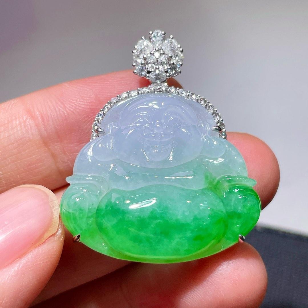 缅甸翡翠佛公镶金玉吊坠天然玉石A货18K金镶嵌冰种阳绿新款1021