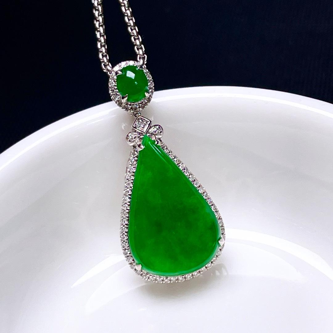 缅甸翡翠水滴镶金玉吊坠天然玉石A货18K金镶嵌冰糯种辣绿收藏1021