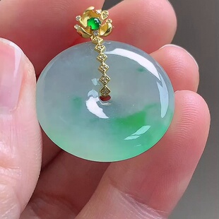 缅甸翡翠平安扣镶金玉吊坠天然玉石A货18K金镶嵌冰种阳绿新款 0324