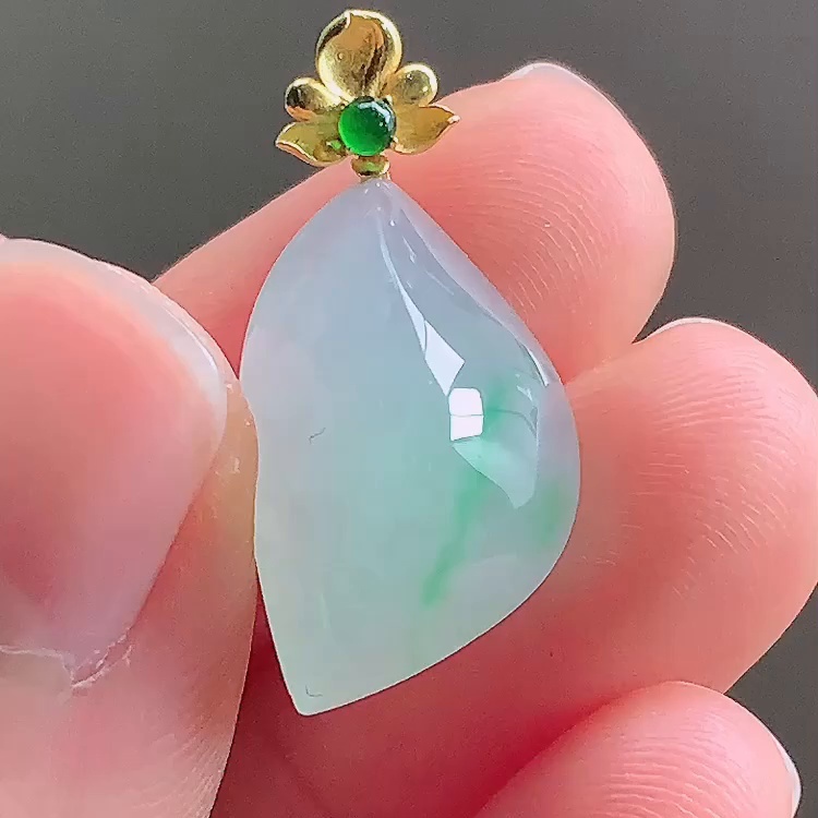 缅甸翡翠随形镶金玉吊坠天然玉石A货18K金镶嵌冰种阳绿证书1205