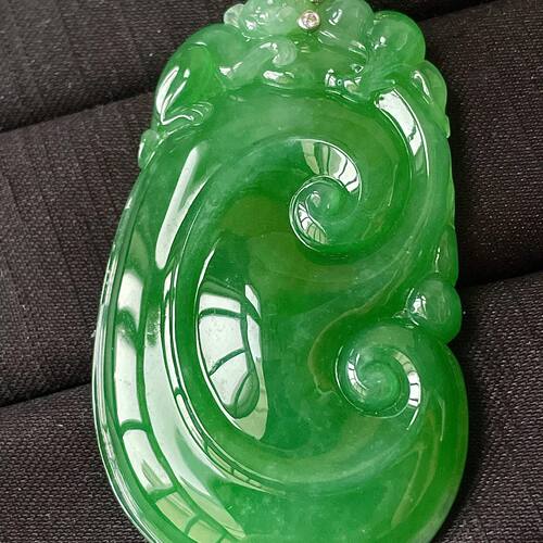 缅甸翡翠如意镶金玉吊坠天然玉石