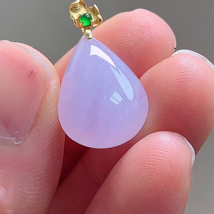 缅甸翡翠水滴镶金玉吊坠天然玉石A货18K金镶嵌冰种紫罗兰正品0123