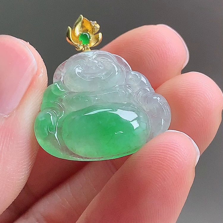 缅甸翡翠佛公镶金玉吊坠天然玉石A货18K金镶嵌冰种阳绿证书0102