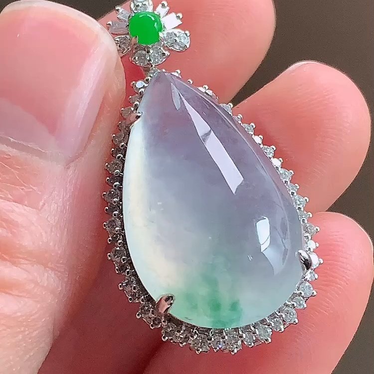 缅甸翡翠水滴镶金玉吊坠天然玉石A货18K金镶嵌玻璃种飘花礼物1226