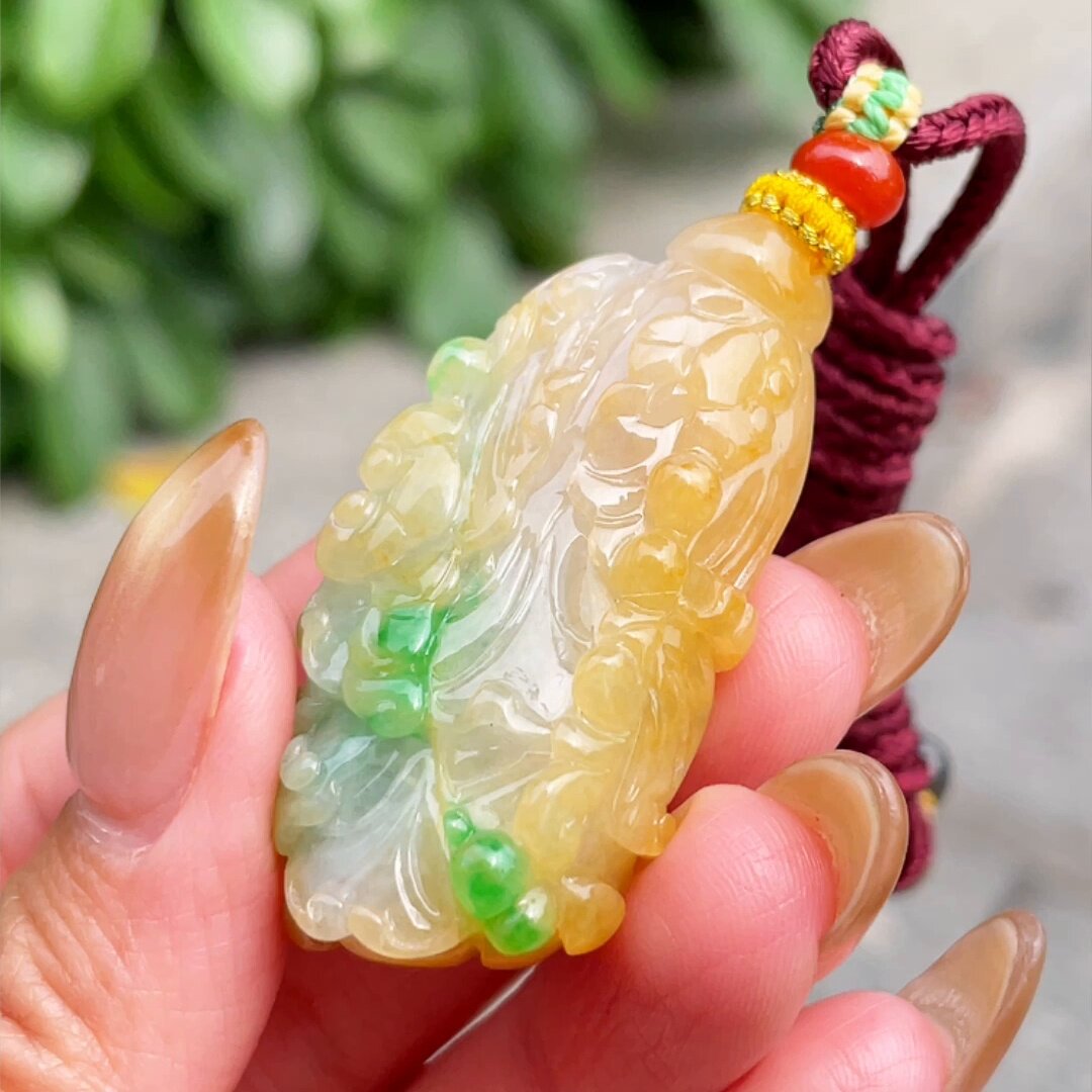 缅甸翡翠白菜玉吊坠天然玉石A货冰种黄加绿新款正品高档老坑0601