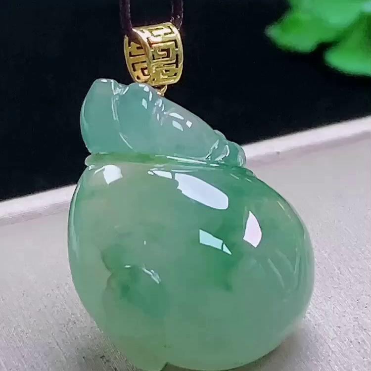 缅甸翡翠钱袋镶金玉吊坠天然玉石A货18K金镶嵌冰种飘花收藏1025