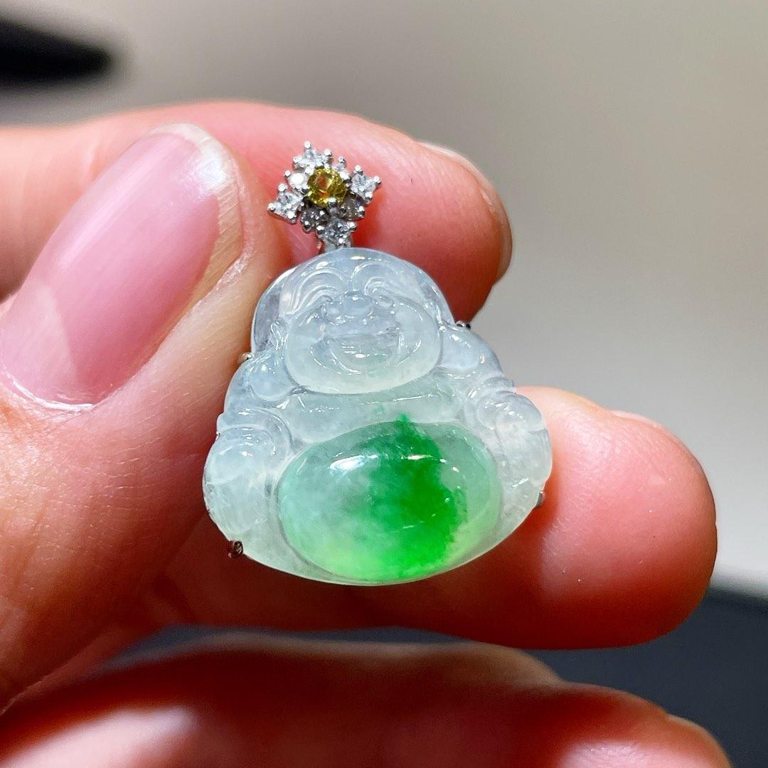 缅甸翡翠佛公镶金玉吊坠天然玉石A货18K金镶嵌冰种阳绿正品1021