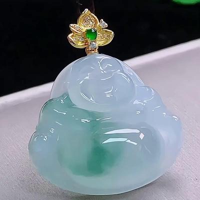 缅甸翡翠佛公镶金玉吊坠天然玉石