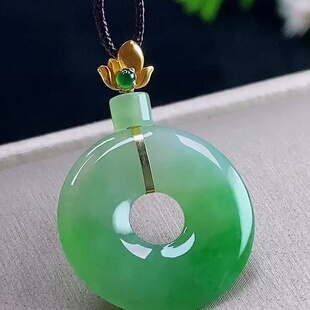 缅甸翡翠甜甜圈镶金玉吊坠天然玉石A货18K金镶嵌冰种飘绿礼物0204