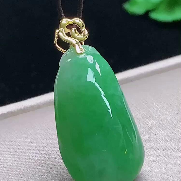 缅甸翡翠福瓜镶金玉吊坠天然玉石A货18K金镶嵌冰种满绿正品1025