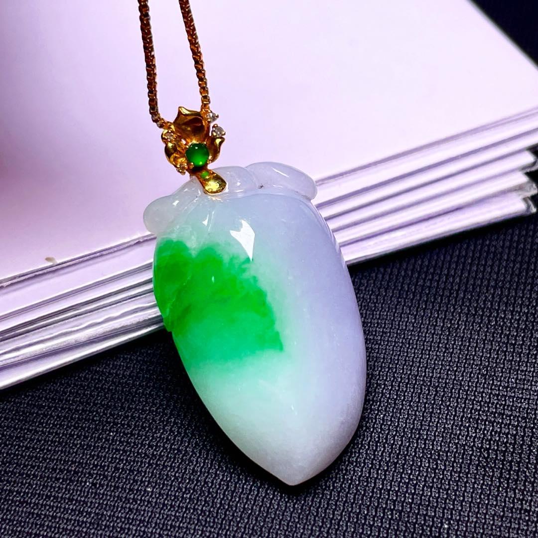 缅甸翡翠寿桃镶金玉吊坠天然玉石A货18K金镶嵌冰糯种辣绿礼物1021