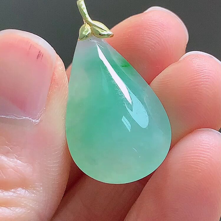缅甸翡翠水滴镶金玉吊坠天然玉石A货18K金镶嵌冰种阳绿收藏0130