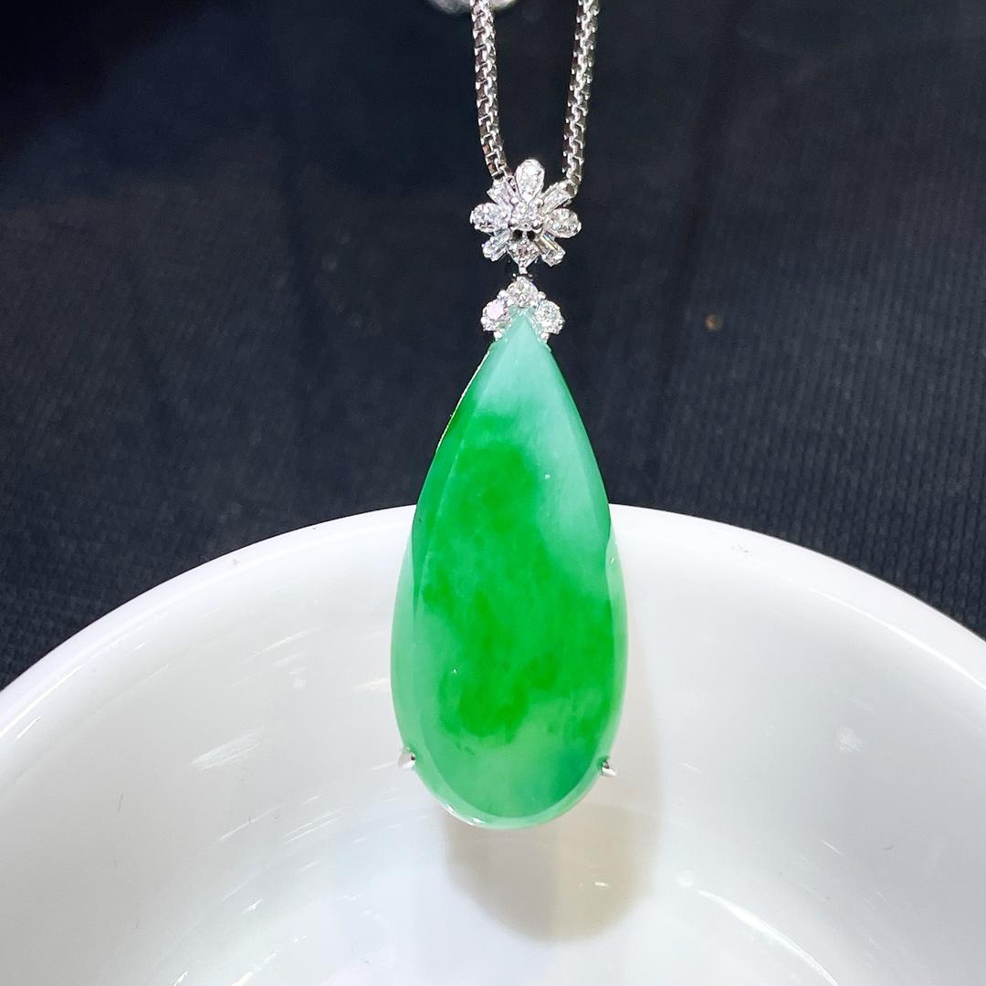 缅甸翡翠水滴镶金玉吊坠天然玉石A货18K金镶嵌冰糯种阳绿礼物1021