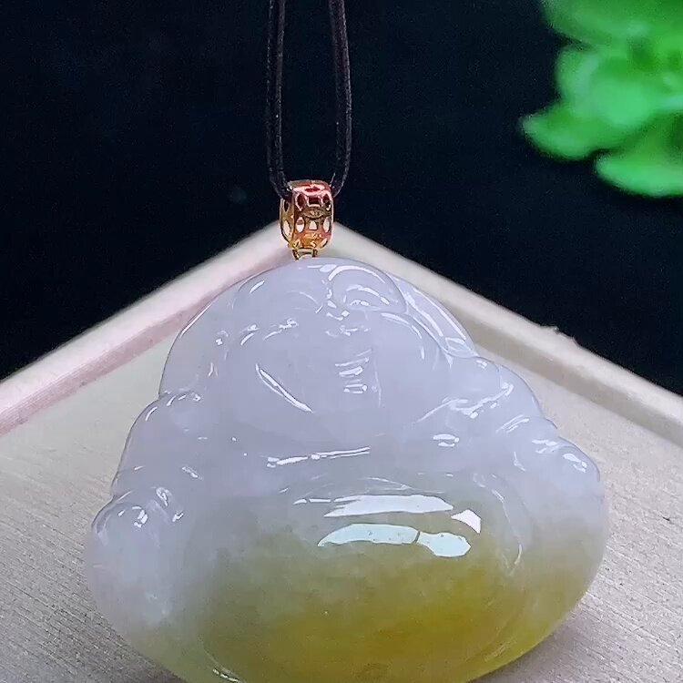 缅甸翡翠佛公镶金玉吊坠天然玉石