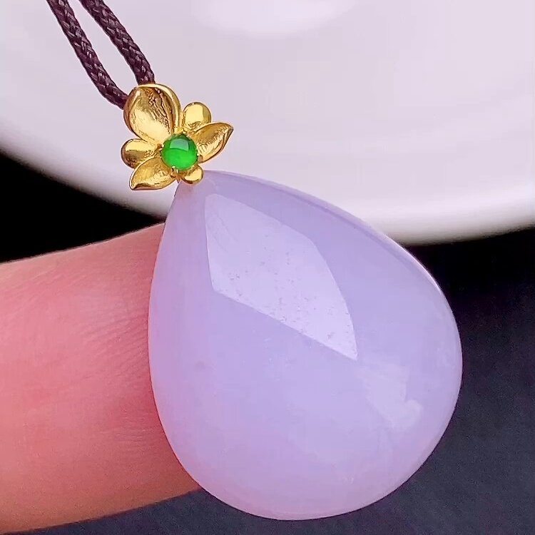 缅甸翡翠水滴镶金玉吊坠天然玉石A货18K金镶嵌冰种紫罗兰收藏0202
