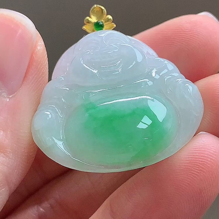 缅甸翡翠佛公镶金玉吊坠天然玉石A货18K金镶嵌冰种阳绿老坑0104