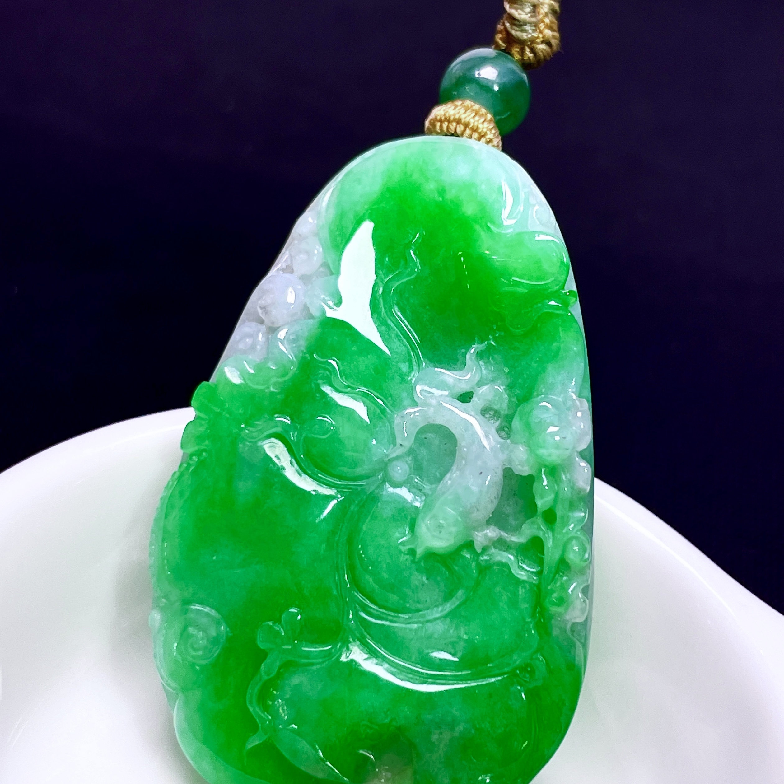 缅甸翡翠荷叶鱼玉吊坠天然玉石A货冰种辣绿收藏老坑证书新款0601